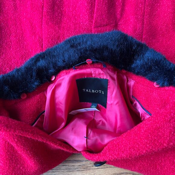 Talbots Red Bouclé Wool Dress Coat Black Faux Fur Collar Princess Large NWT $329 - Picture 12 of 13